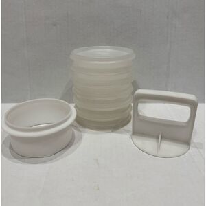 Vintage Tupperware 4" Hamburger Press + 6 Patty Holders + Lid